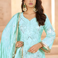 Cool Aqua Blue Heavy Embroidered Chinon Party Wear Palazzo Suit with Dupatta