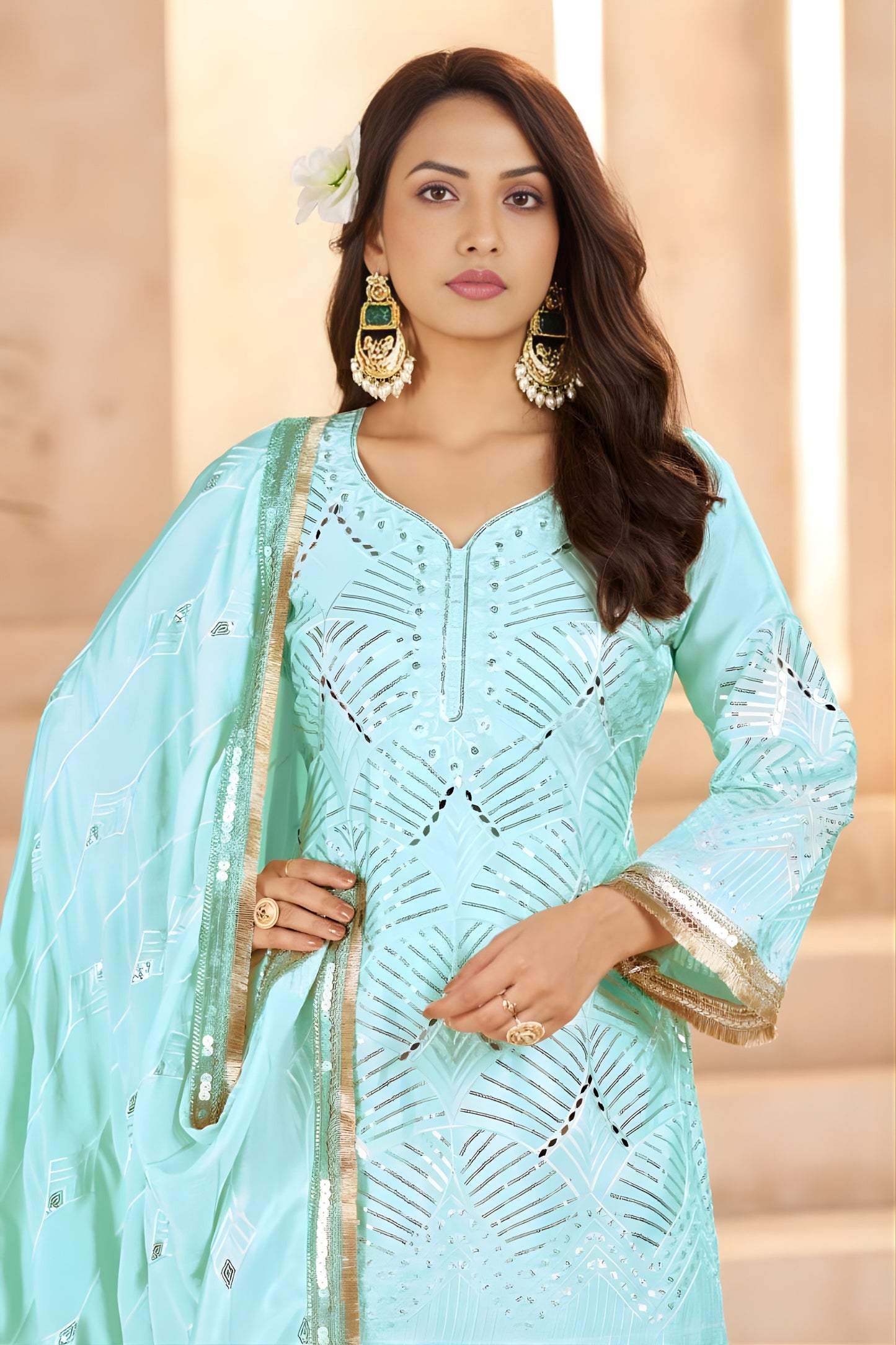 Cool Aqua Blue Heavy Embroidered Chinon Party Wear Palazzo Suit with Dupatta