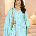 Cool Aqua Blue Heavy Embroidered Chinon Party Wear Palazzo Suit with Dupatta