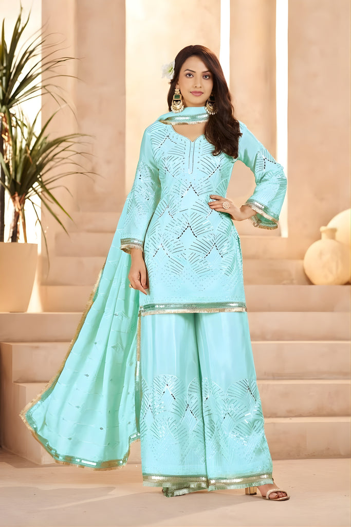 Cool Aqua Blue Heavy Embroidered Chinon Party Wear Palazzo Suit with Dupatta