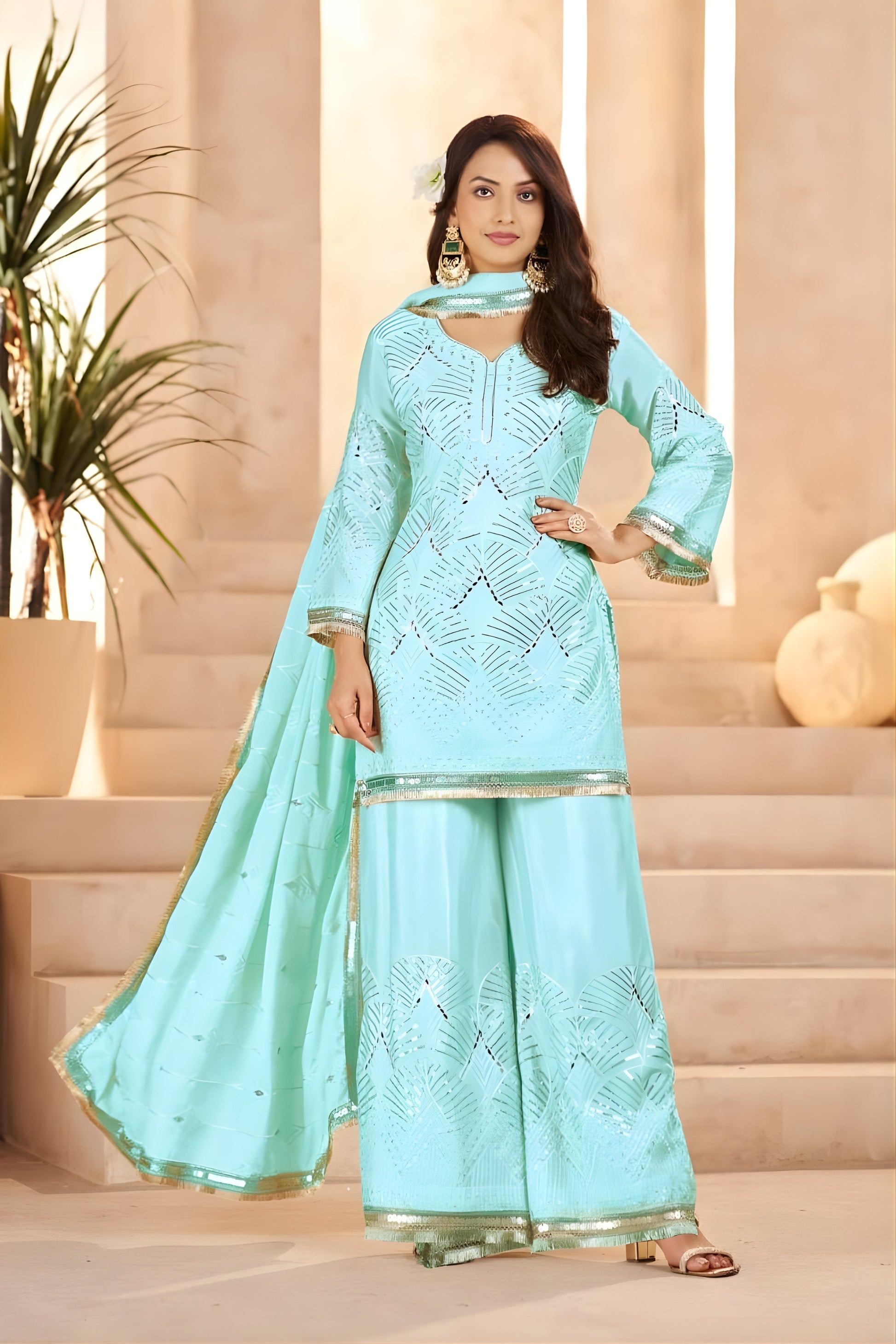 Cool Aqua Blue Heavy Embroidered Chinon Party Wear Palazzo Suit with Dupatta