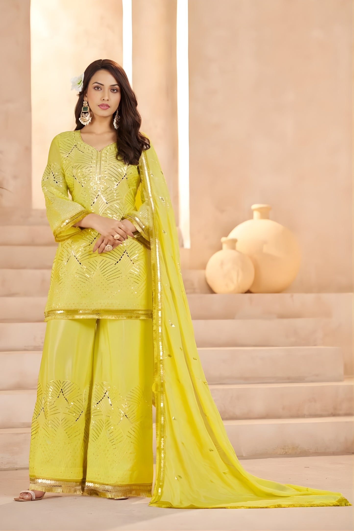 Vibrant Yellow Heavy Embroidered Chinon Party Wear Palazzo Suit with Dupatta