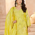 Vibrant Yellow Heavy Embroidered Chinon Party Wear Palazzo Suit with Dupatta