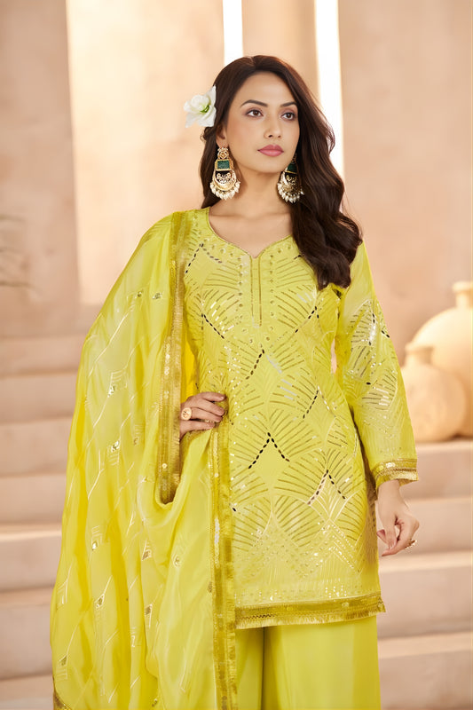 Vibrant Yellow Heavy Embroidered Chinon Party Wear Palazzo Suit with Dupatta