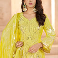Vibrant Yellow Heavy Embroidered Chinon Party Wear Palazzo Suit with Dupatta