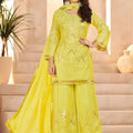 Vibrant Yellow Heavy Embroidered Chinon Party Wear Palazzo Suit with Dupatta