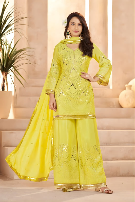 Vibrant Yellow Heavy Embroidered Chinon Party Wear Palazzo Suit with Dupatta