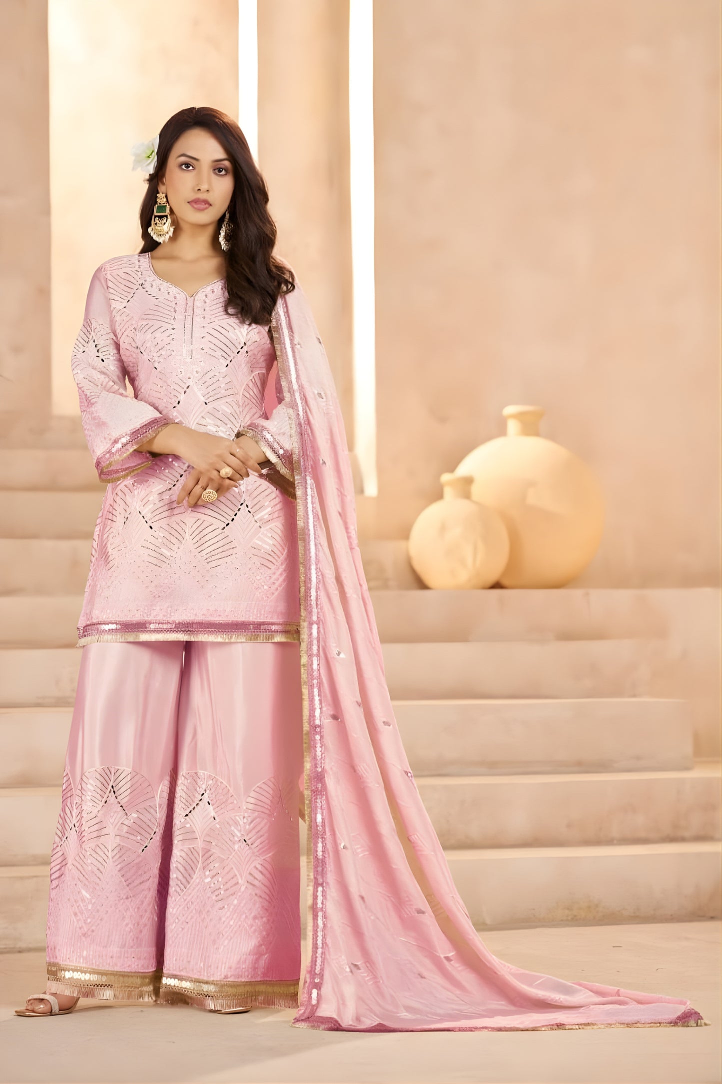 Lovely Rose Pink Heavy Embroidered Chinon Party Wear Palazzo Suit with Dupatta