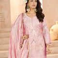 Lovely Rose Pink Heavy Embroidered Chinon Party Wear Palazzo Suit with Dupatta