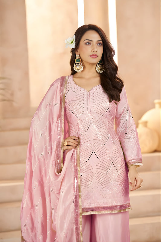 Lovely Rose Pink Heavy Embroidered Chinon Party Wear Palazzo Suit with Dupatta
