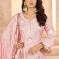Lovely Rose Pink Heavy Embroidered Chinon Party Wear Palazzo Suit with Dupatta