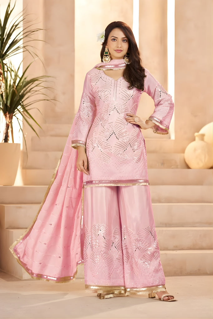 Lovely Rose Pink Heavy Embroidered Chinon Party Wear Palazzo Suit with Dupatta