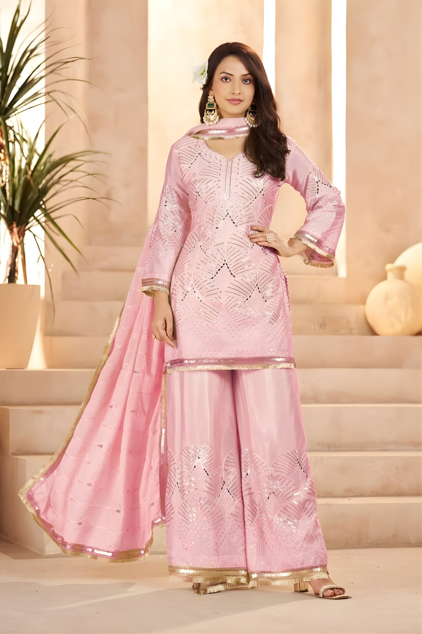 Lovely Rose Pink Heavy Embroidered Chinon Party Wear Palazzo Suit with Dupatta