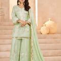 Graceful Pista Green Heavy Embroidered Chinon Party Wear Palazzo Suit with Dupatta