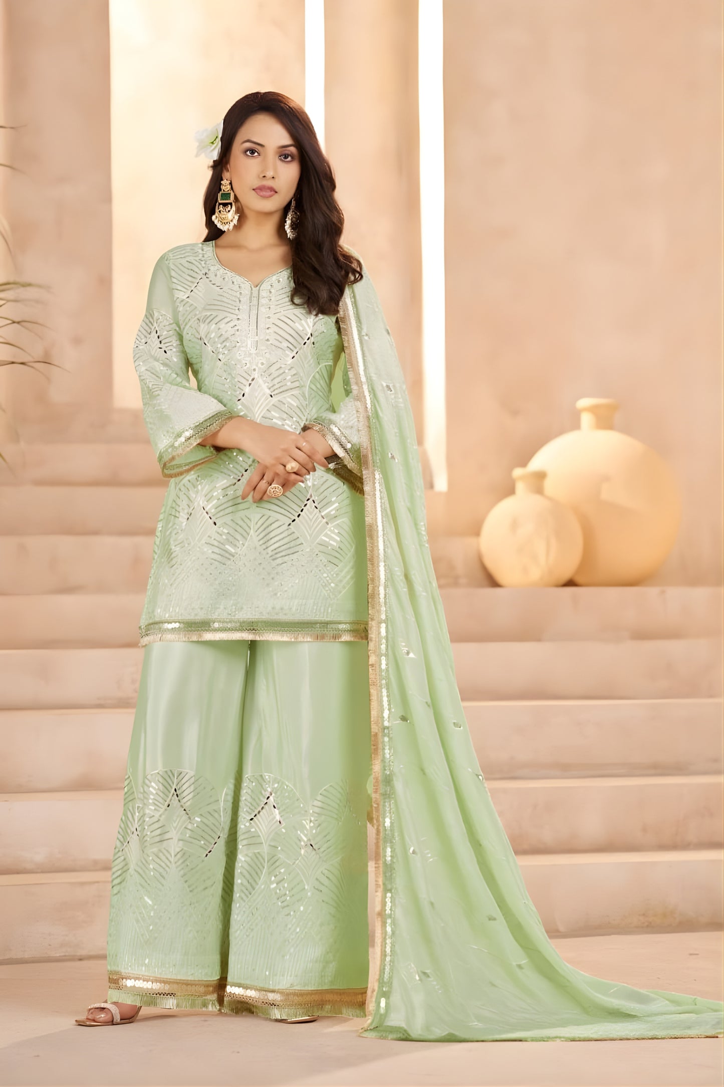 Graceful Pista Green Heavy Embroidered Chinon Party Wear Palazzo Suit with Dupatta