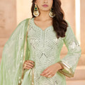 Graceful Pista Green Heavy Embroidered Chinon Party Wear Palazzo Suit with Dupatta