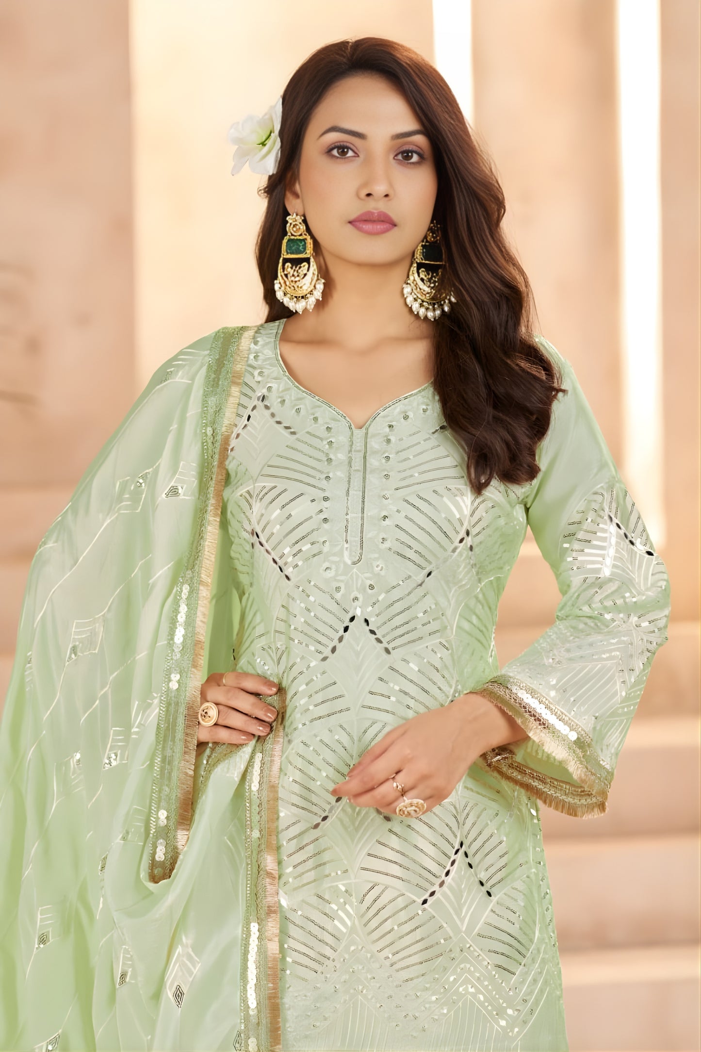 Graceful Pista Green Heavy Embroidered Chinon Party Wear Palazzo Suit with Dupatta