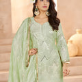 Graceful Pista Green Heavy Embroidered Chinon Party Wear Palazzo Suit with Dupatta