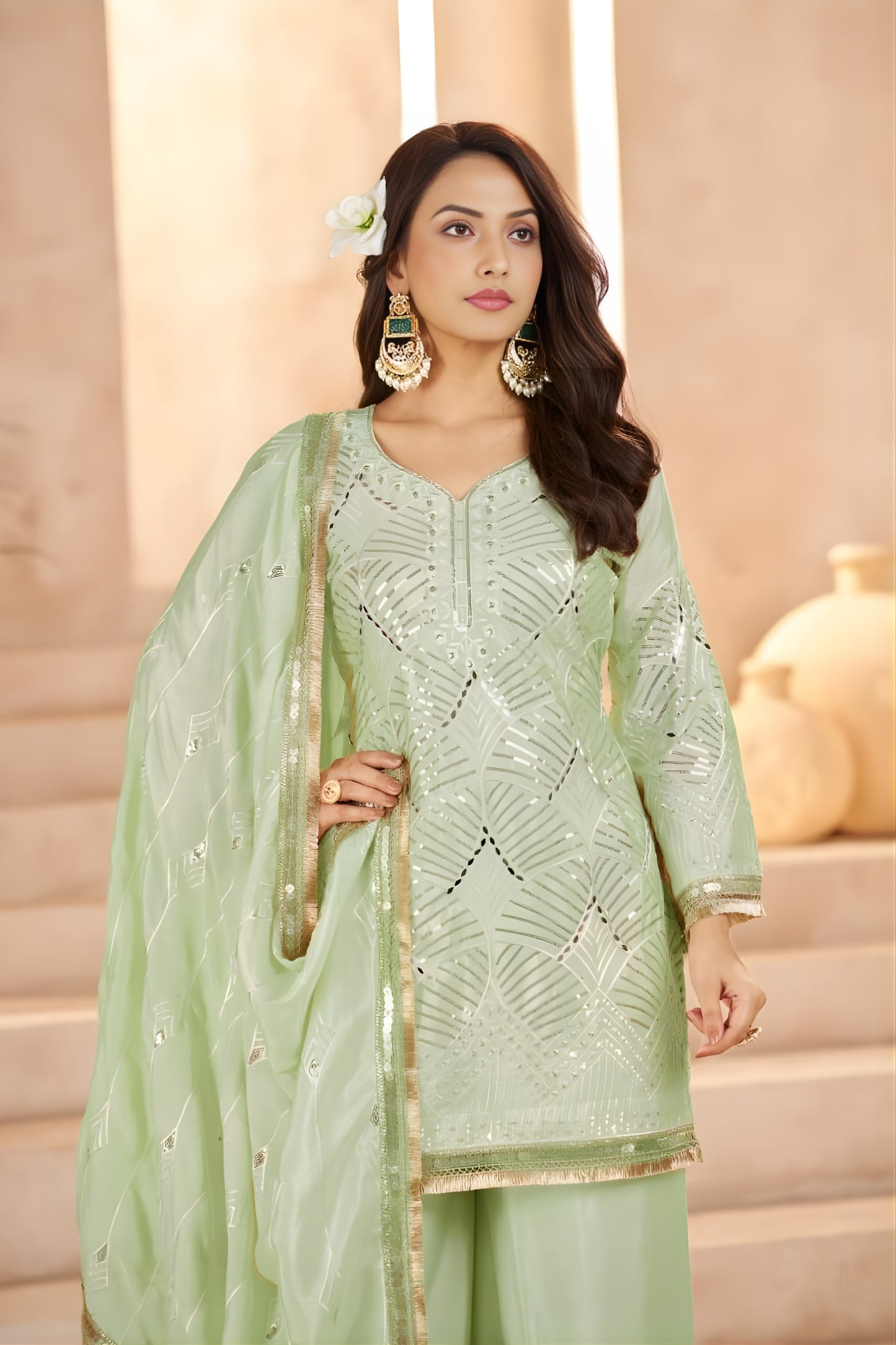 Graceful Pista Green Heavy Embroidered Chinon Party Wear Palazzo Suit with Dupatta