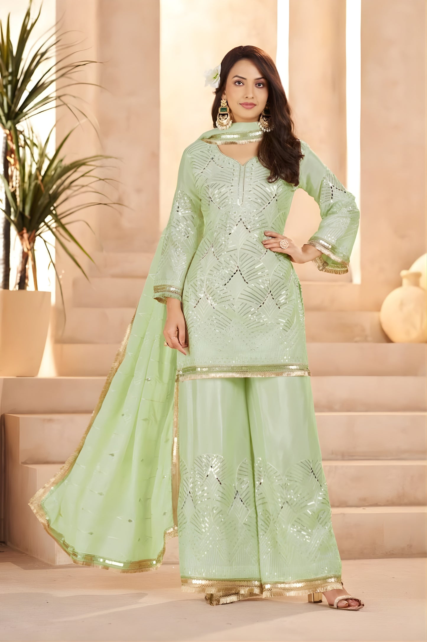 Graceful Pista Green Heavy Embroidered Chinon Party Wear Palazzo Suit with Dupatta