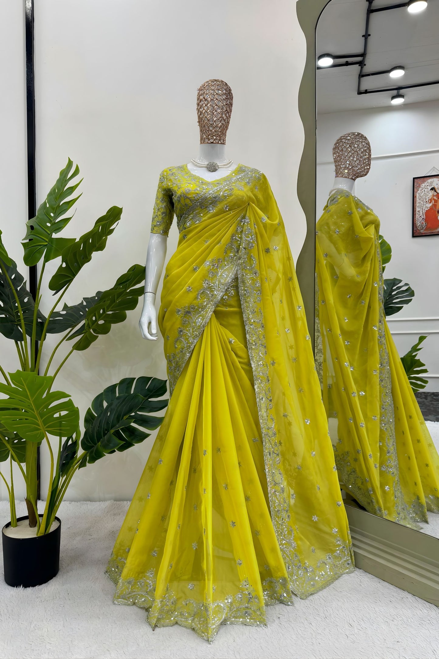 Yellow Georgette Saree with Silver Embroidery Work Designer Blouse
