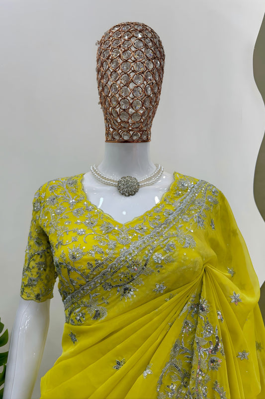 Yellow Georgette Saree with Silver Embroidery Work Designer Blouse