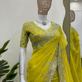 Yellow Georgette Saree with Silver Embroidery Work Designer Blouse