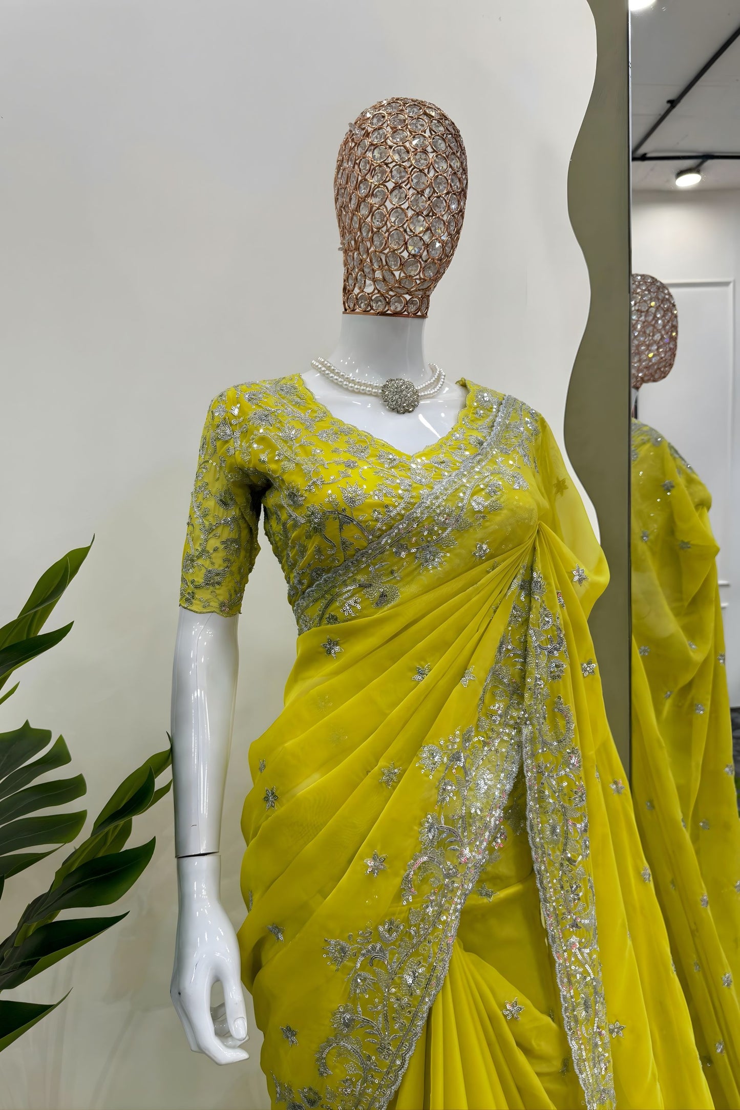 Yellow Georgette Saree with Silver Embroidery Work Designer Blouse