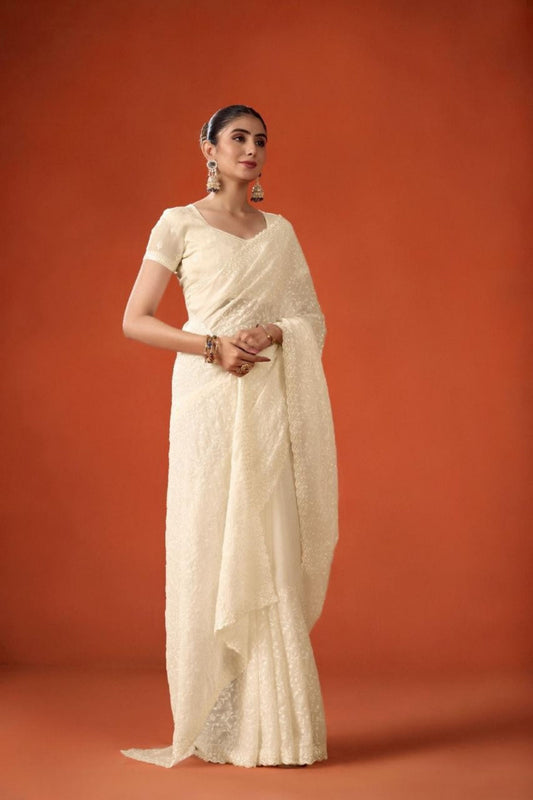 Off-White Embroidered Saree with Matching Blouse Party Wear Saree