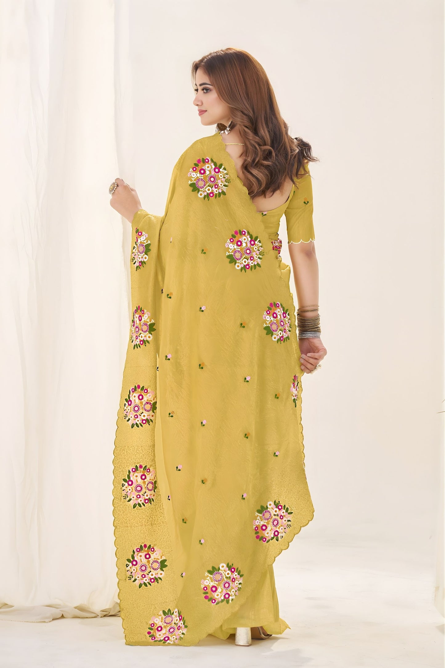 Mustard Yellow Organza Saree Floral Embroidery Designer Blouse