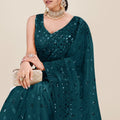 Teal Green Net Saree Heavy Sequins Embroidery Designer Blouse