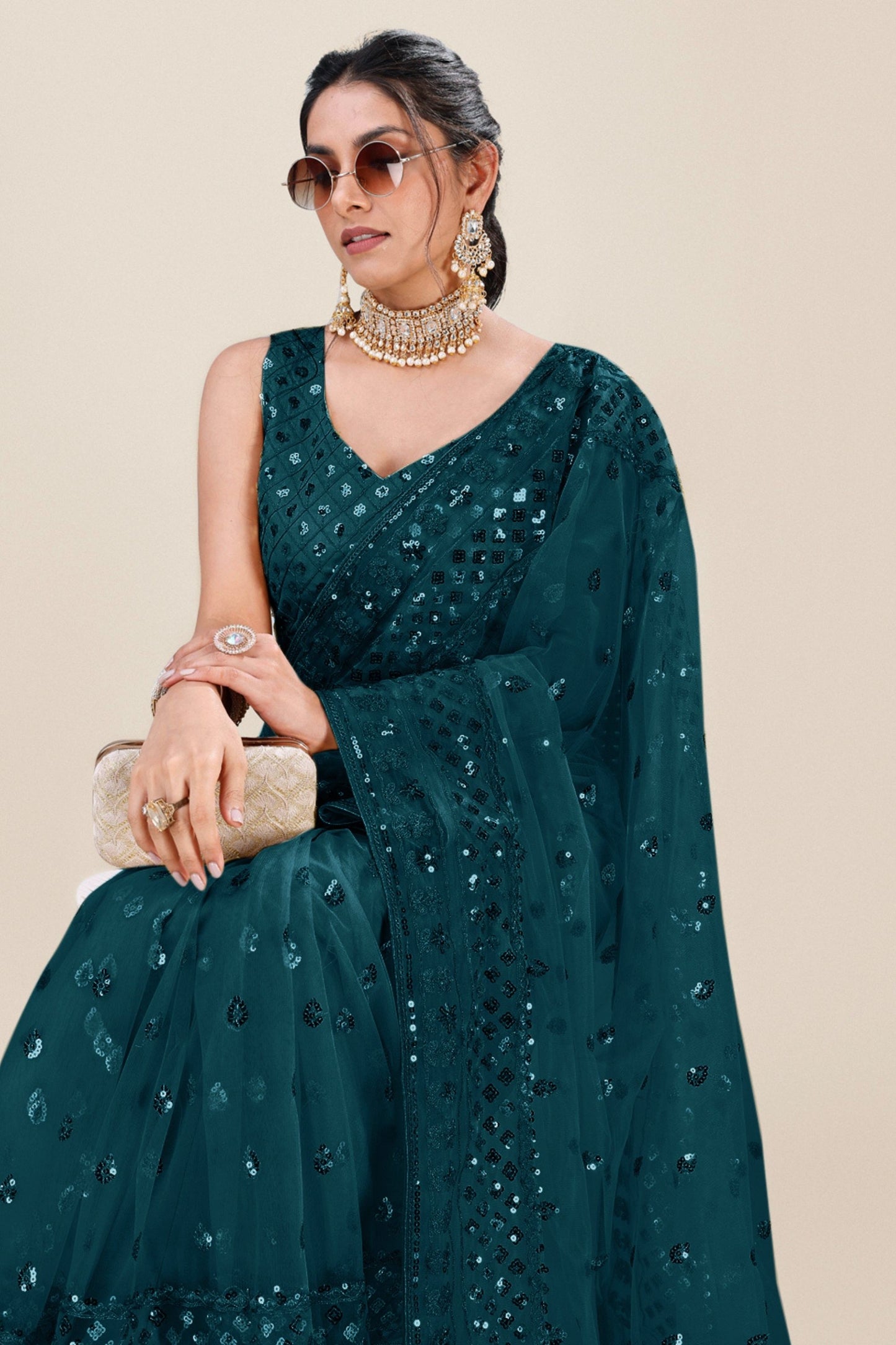 Teal Green Net Saree Heavy Sequins Embroidery Designer Blouse