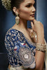 Silver Grey Embroidered Designer Saree Heavy Border Contrast Blouse