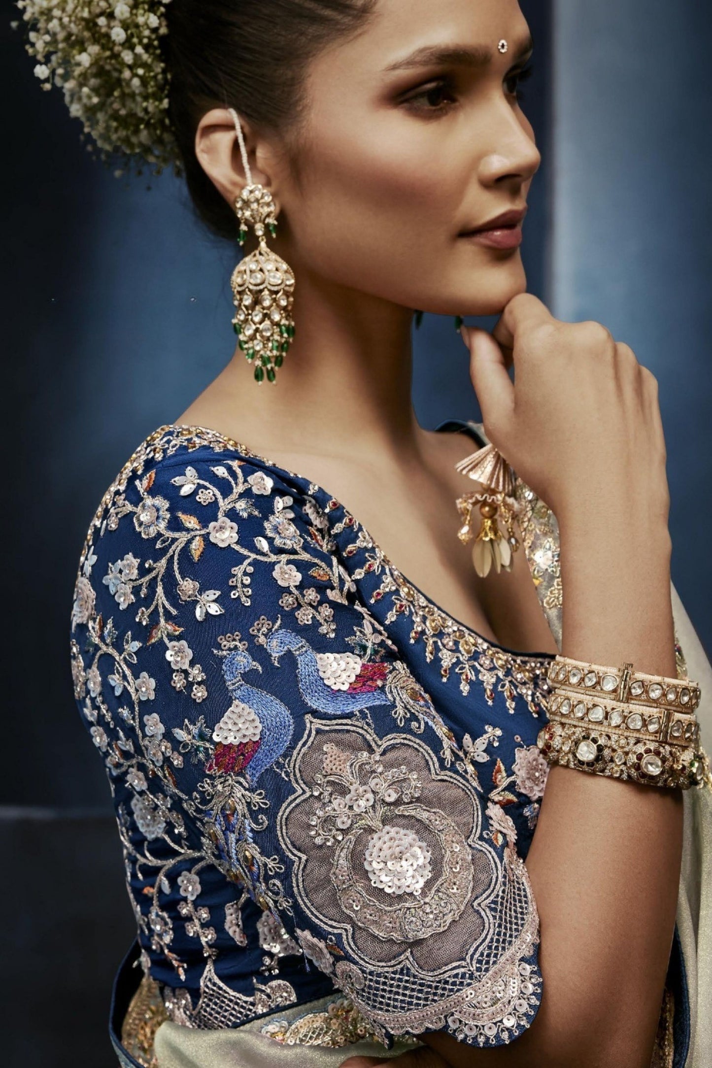 Silver Grey Embroidered Designer Saree Heavy Border Contrast Blouse