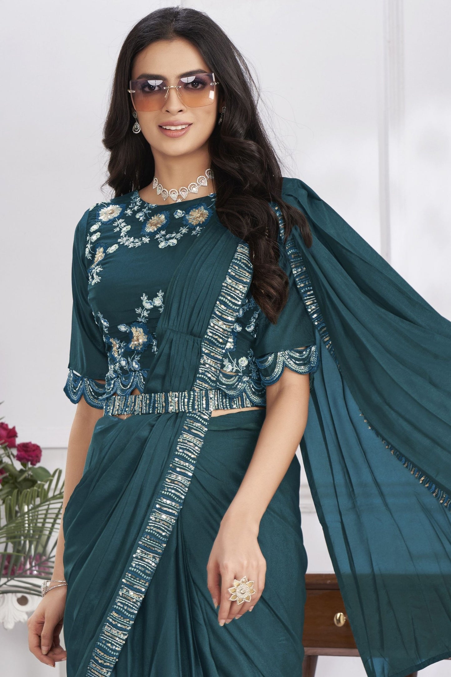 Elegant Teal Blue Designer Saree with Embroidered Blouse
