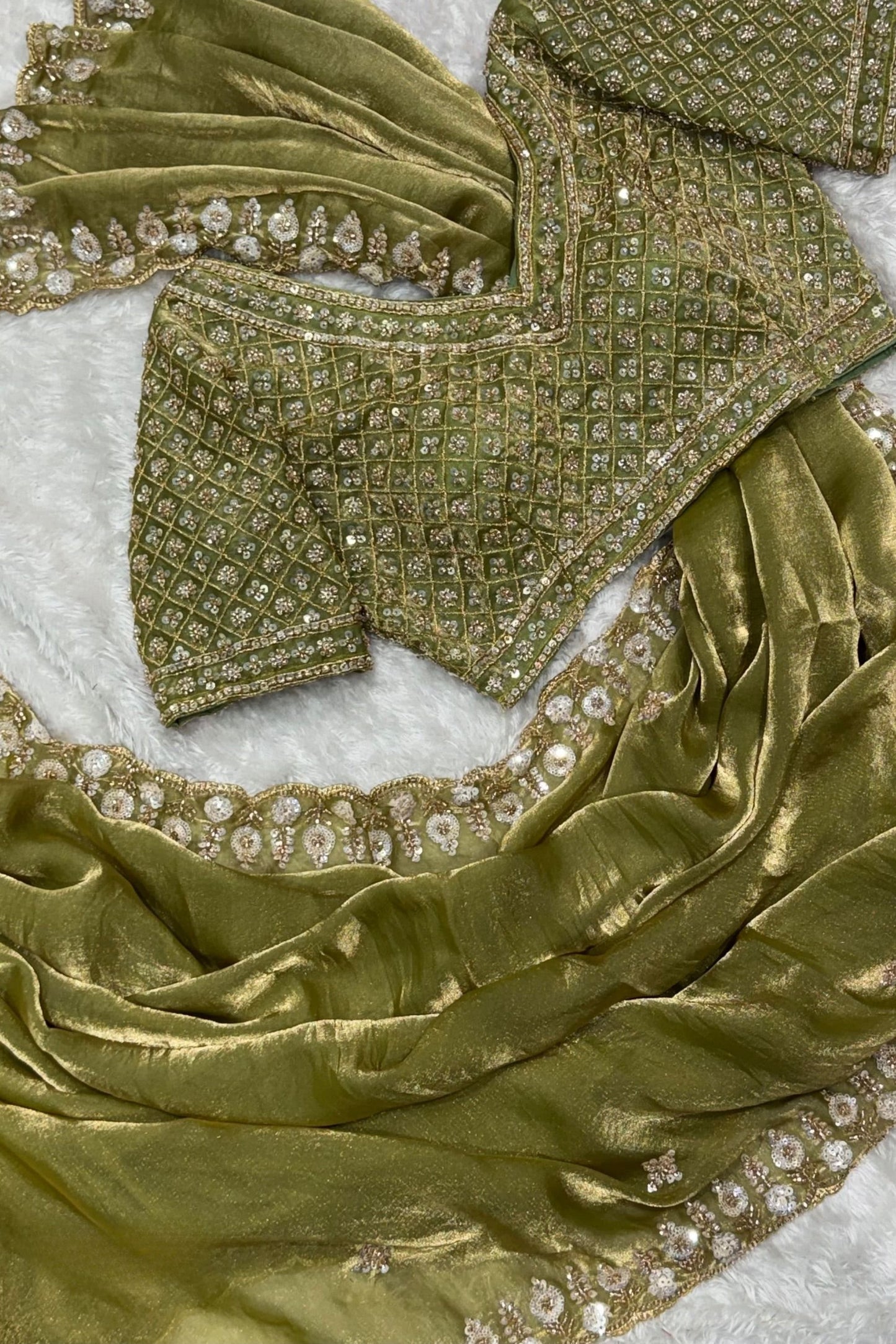 Olive Green Organza Silk Saree Heavy Sequins Embroidered Border Designer Blouse