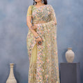 Pastel Yellow Floral Embroidered Net Saree with Designer Border