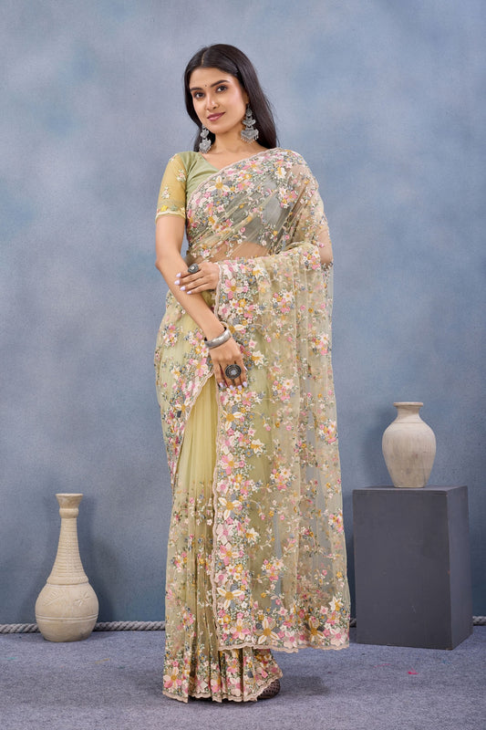 Pastel Yellow Floral Embroidered Net Saree with Designer Border