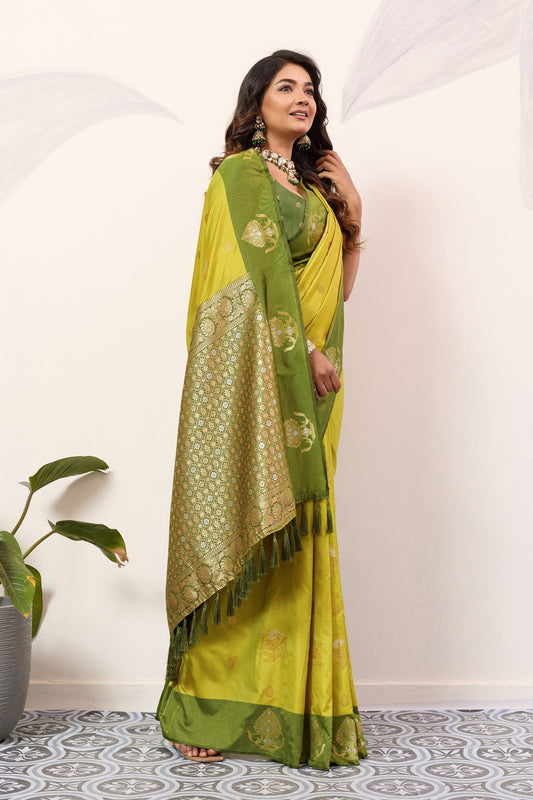 Yellow Olive Green Kanjivaram Silk Saree with Rich Gold Zari Border