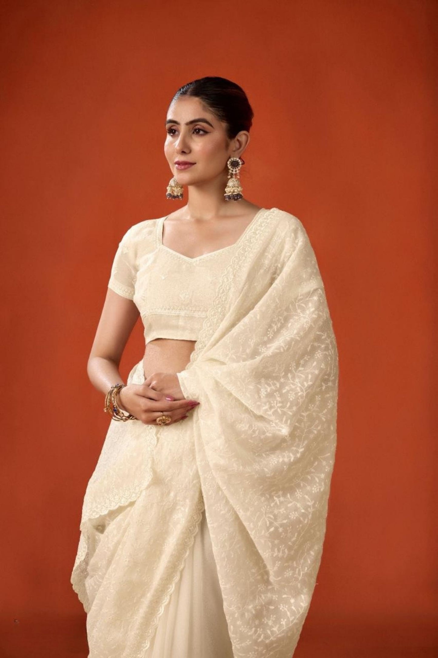 Off-White Embroidered Saree with Matching Blouse Party Wear Saree