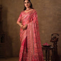 Beautiful Rani Pink Natural Crepe Aari Hand Work Saree with Pure Khatli and Mirror Work for Women