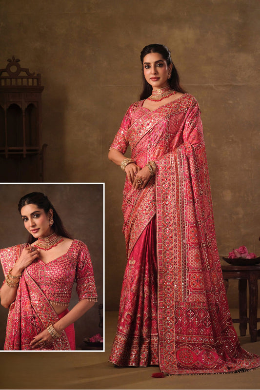 Beautiful Rani Pink Natural Crepe Aari Hand Work Saree with Pure Khatli and Mirror Work for Women