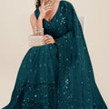 Teal Green Net Saree Heavy Sequins Embroidery Designer Blouse