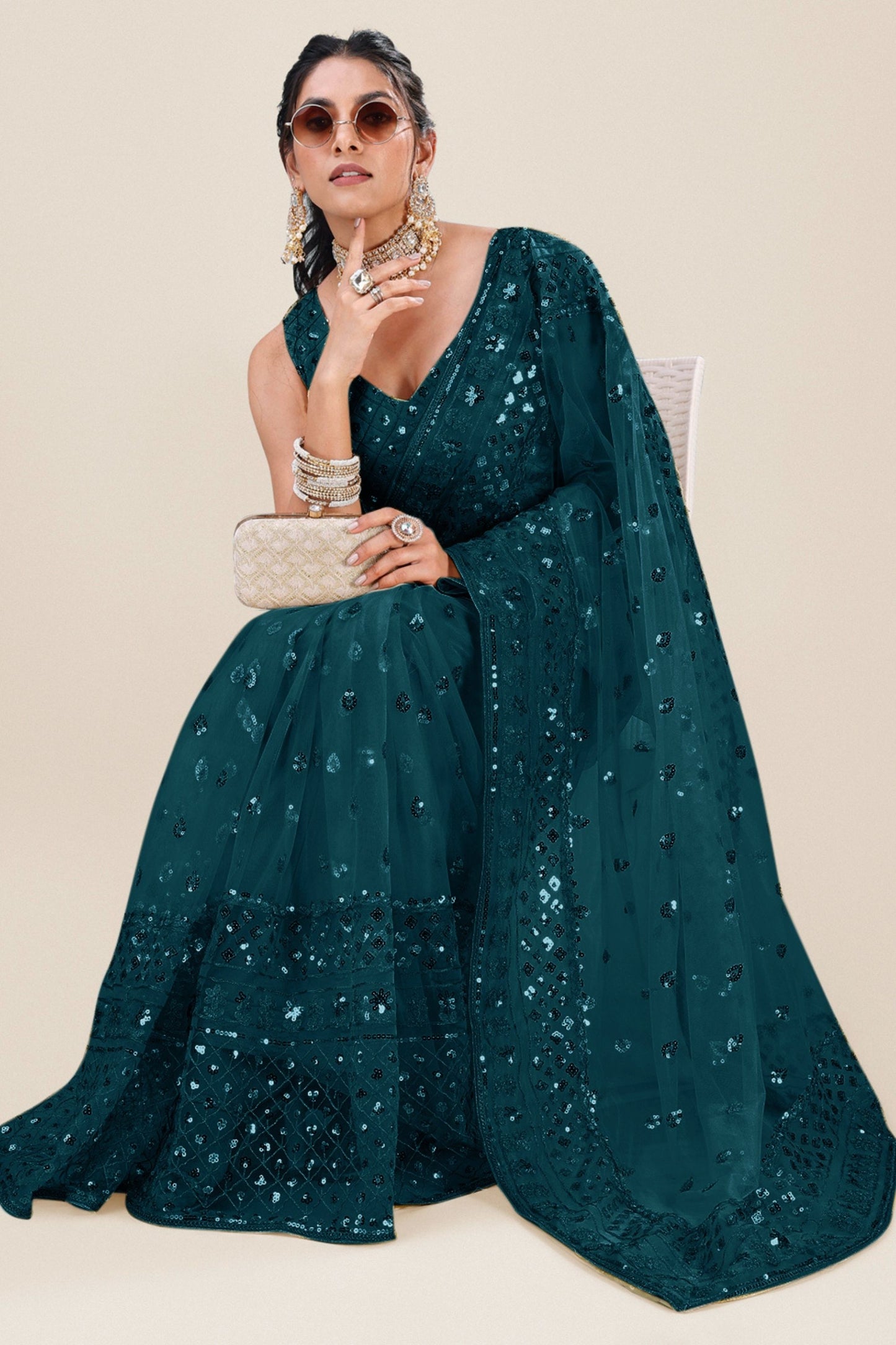 Teal Green Net Saree Heavy Sequins Embroidery Designer Blouse