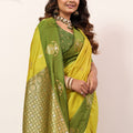 Yellow Olive Green Kanjivaram Silk Saree with Rich Gold Zari Border
