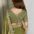 Olive Green Organza Silk Saree Heavy Sequins Embroidered Border Designer Blouse