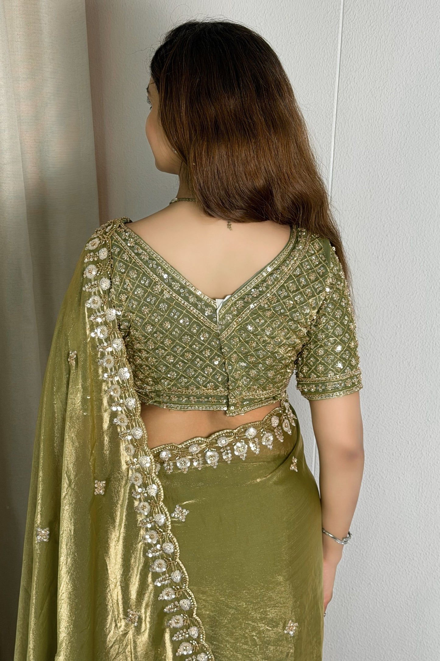 Olive Green Organza Silk Saree Heavy Sequins Embroidered Border Designer Blouse