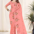 Peach Organza Saree with Floral Embroidery Designer Blouse