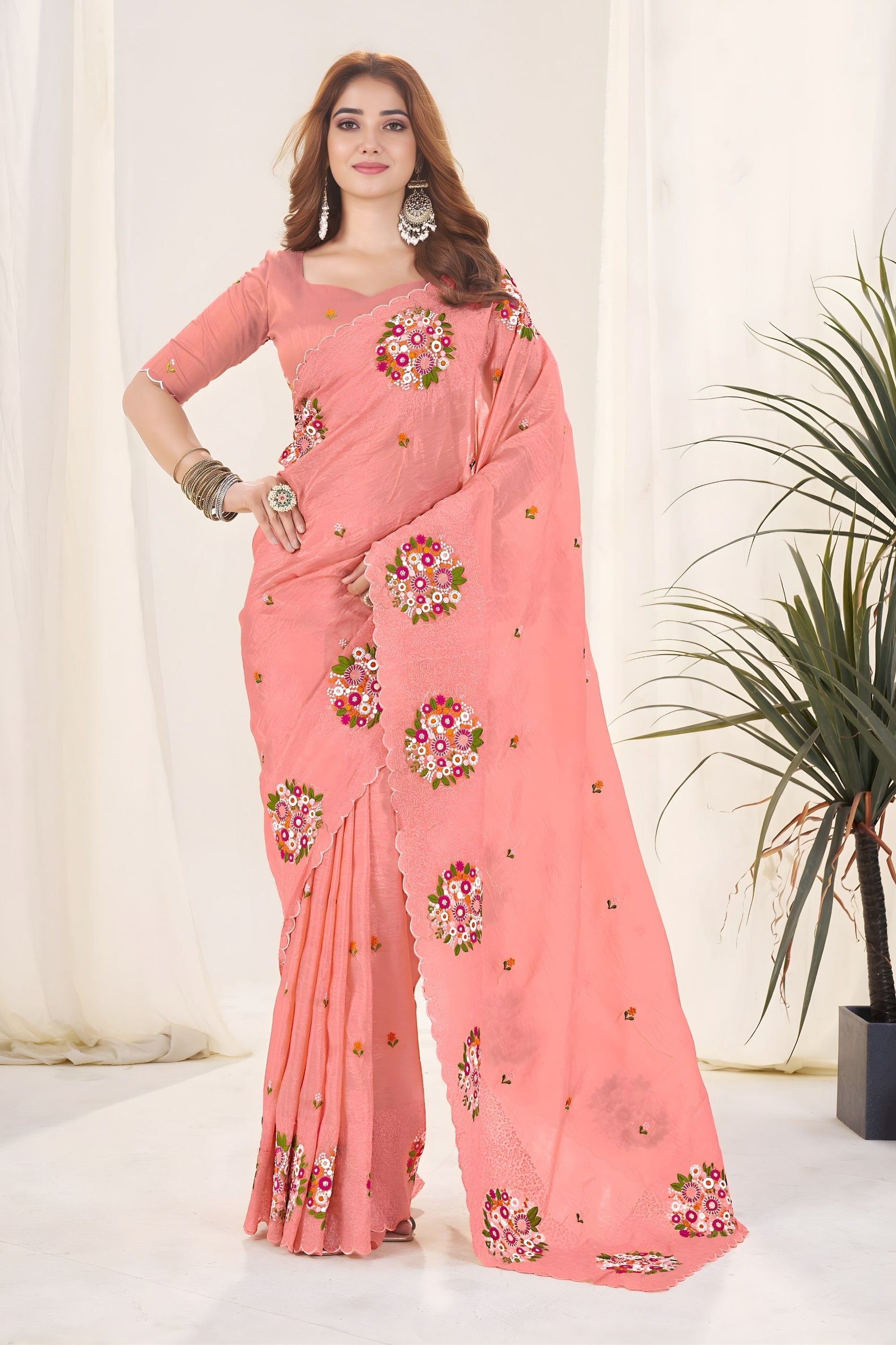 Peach Organza Saree with Floral Embroidery Designer Blouse