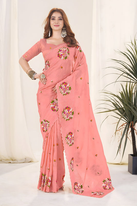 Peach Organza Saree with Floral Embroidery Designer Blouse